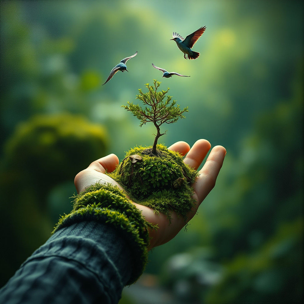 Moss Hand Holds Earth in Tenebrism Oil Painting