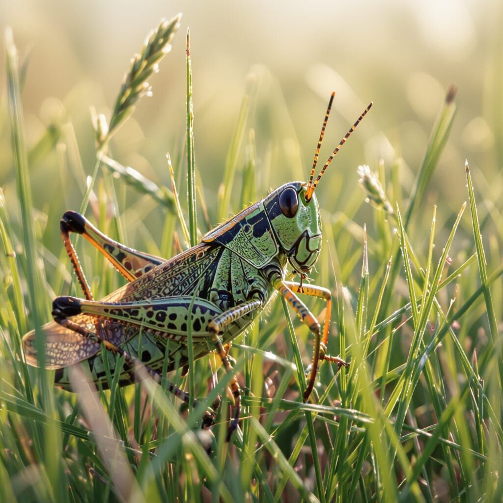 Camouflaged Grasshopper in Summer Meadow (Macro)