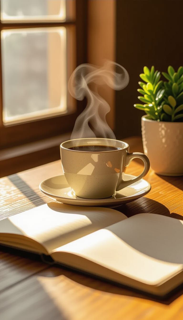 Cozy Morning Coffee Scene with Notebook and Plant