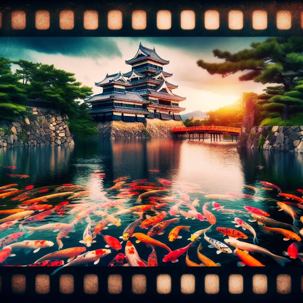 Japanese Castle with Koi Fish in Film Style