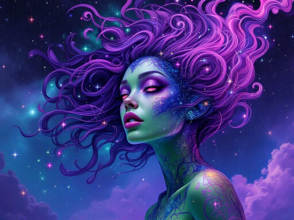 Green Alien Woman in Cosmic Psychedelic Art Style