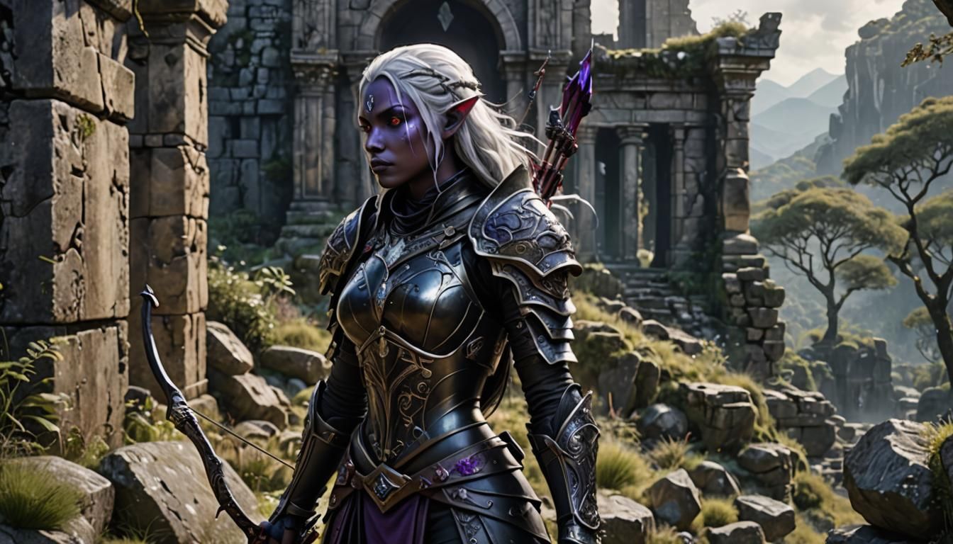 Drow Archer in Ruins: Dark Fantasy Illustration