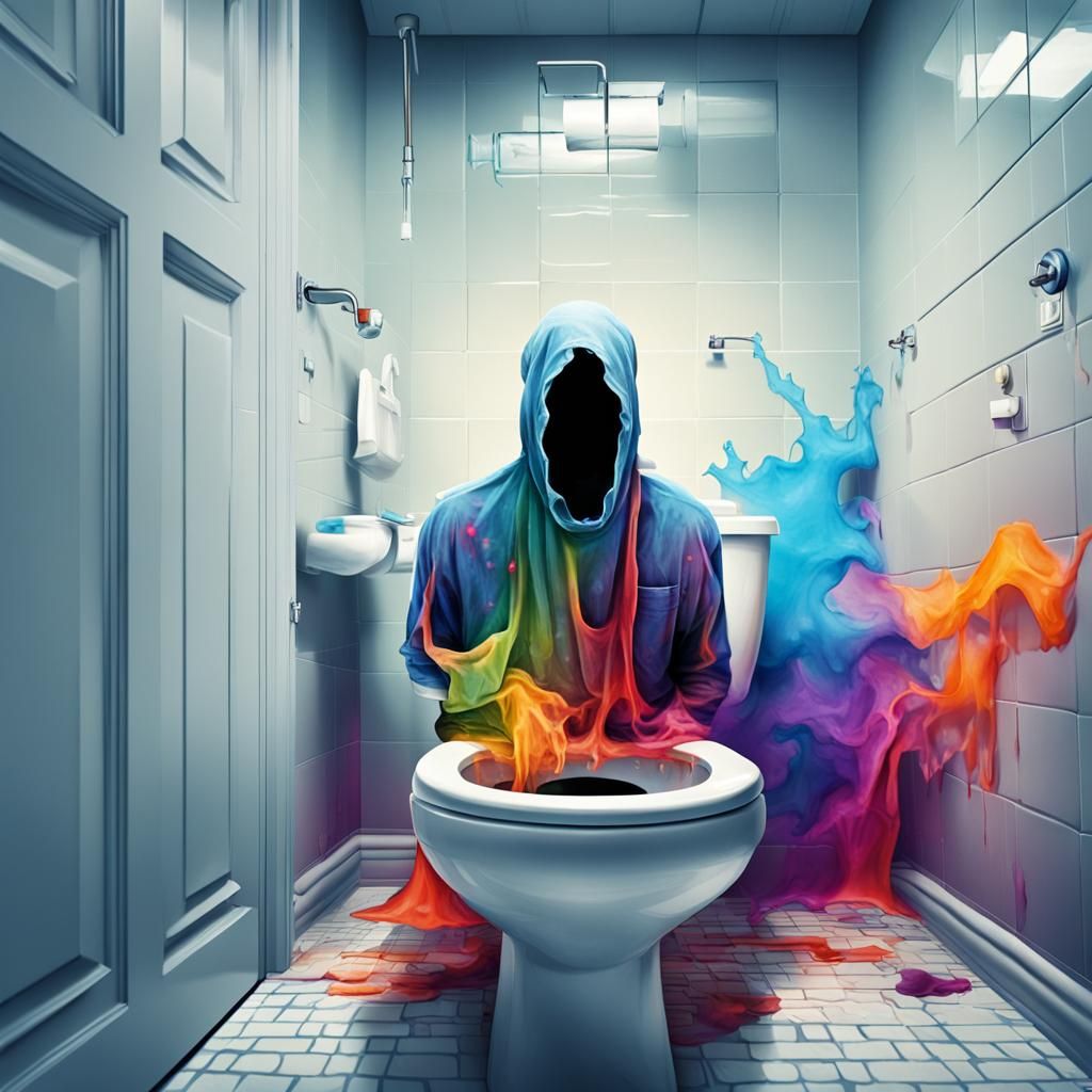 Colorful Ghostly Man Emerges from Bathroom Toilet