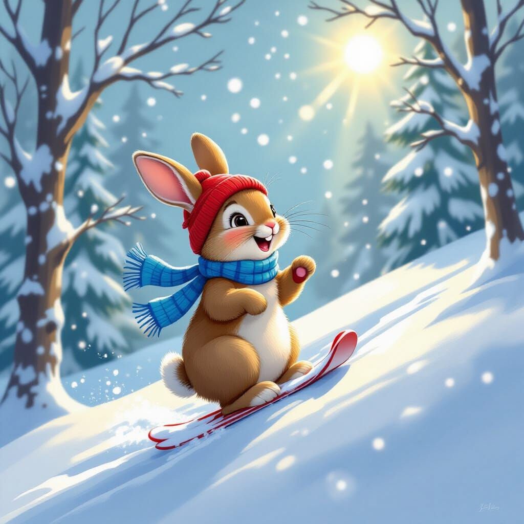 Joyful Rabbit Sledding Down Snowy Hill in Whimsical Style