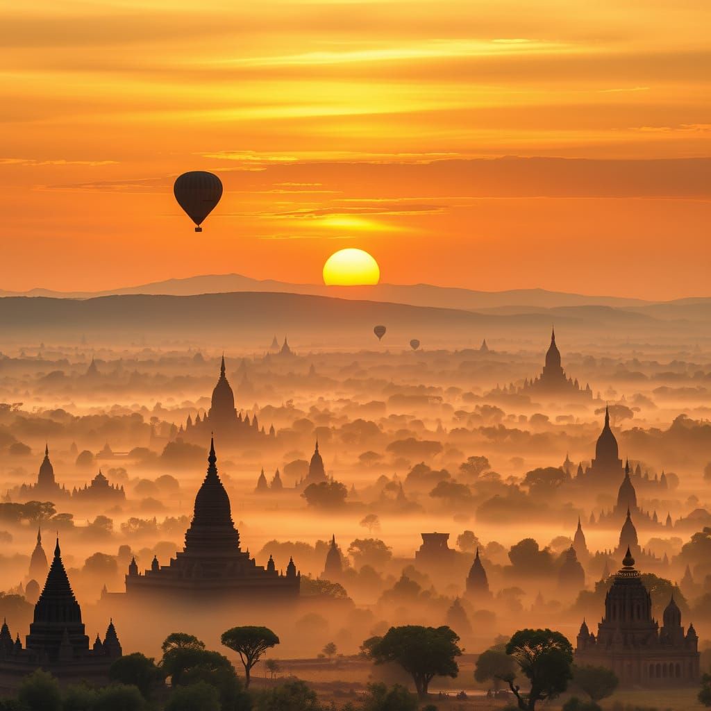 Mystical Bagan Sunrise with Majestic Hot Air Balloons