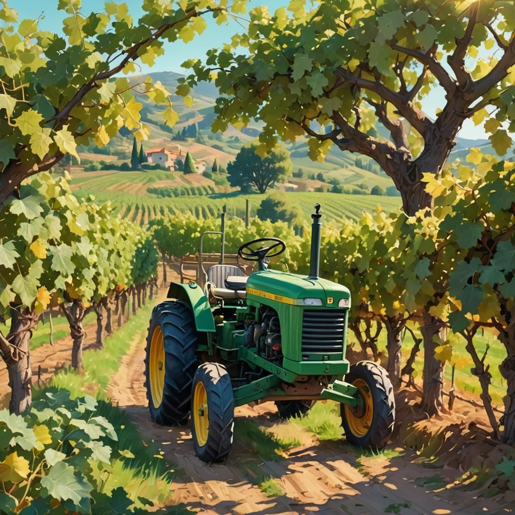Green Tractor in Vineyard: Ghibli-Inspired Digital Art