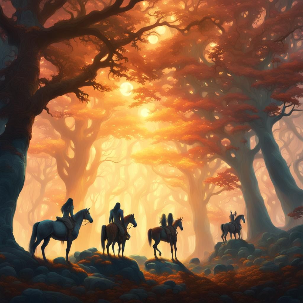 Centaurs Gather by Mystical Tree in Misty Forest
