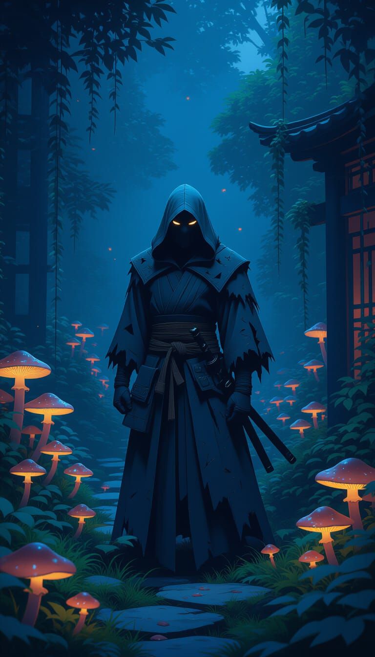 Hooded Samurai in Eerie Garden at Midnight