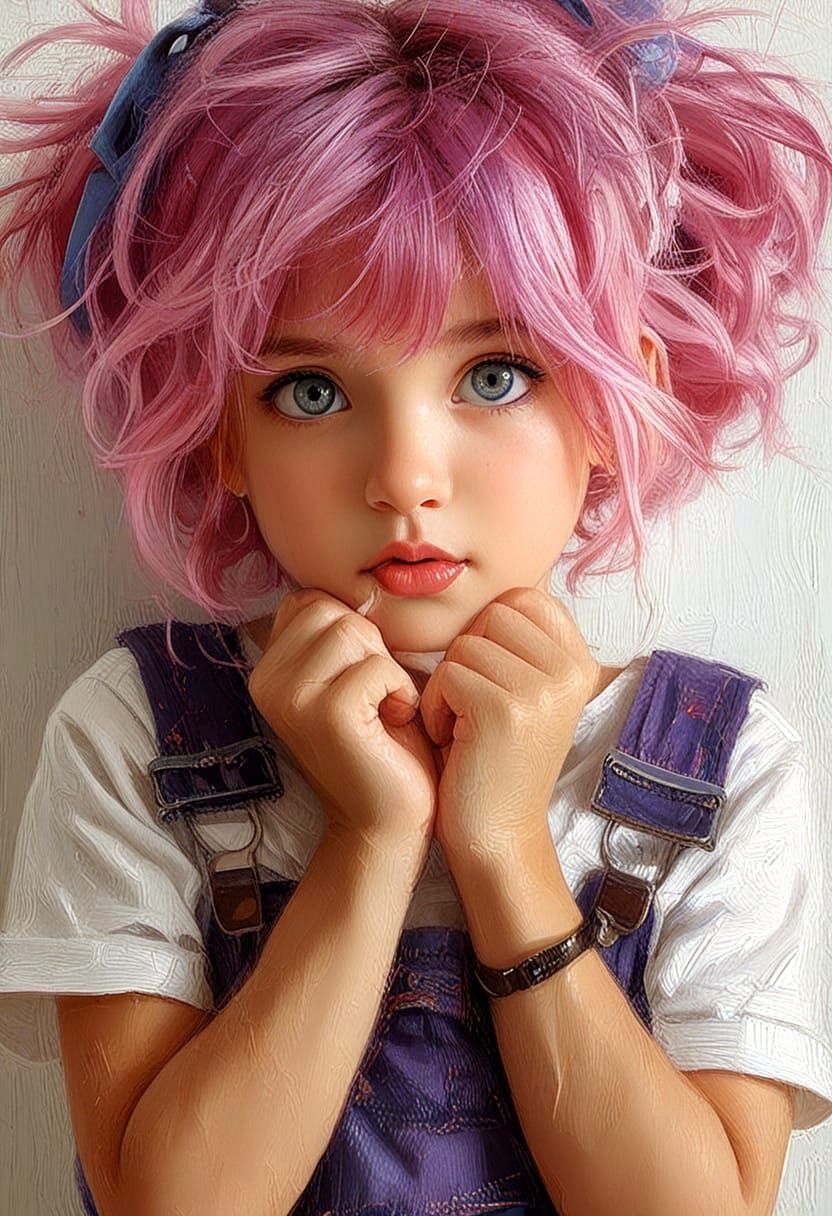 Hyperrealistic Oil Painting of Adorable Pink-Haired Baby