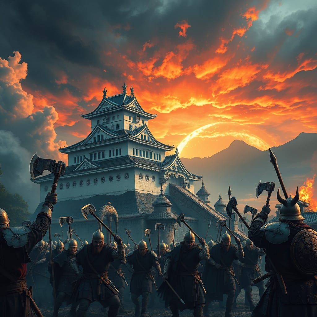 Viking Warriors Storm Himeji Castle in a Fiery Dawn
