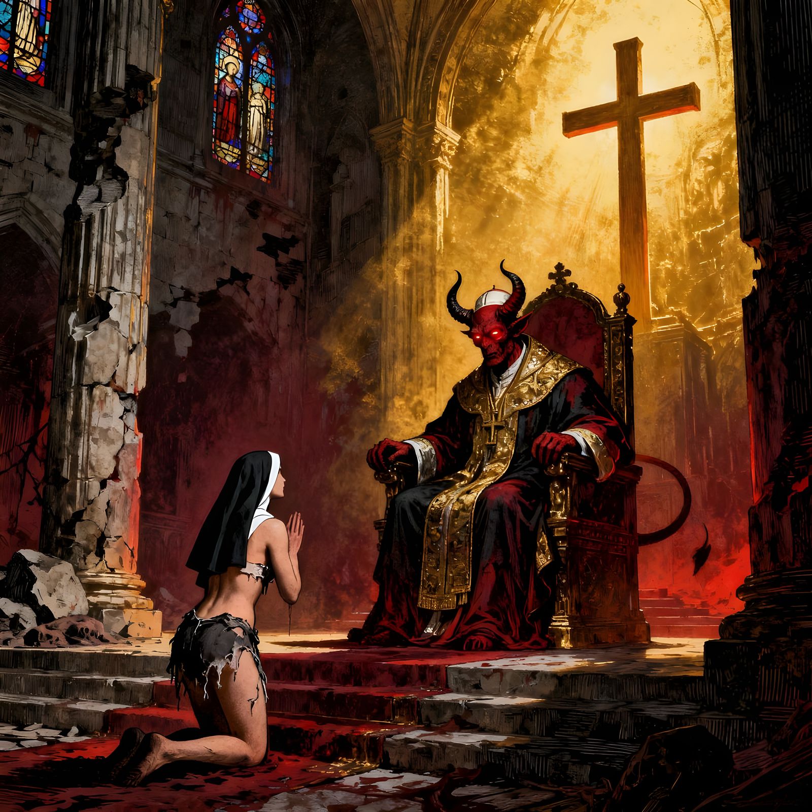 Nun Kneeling Before Demon Pope in Temple, Gustave Doré Style