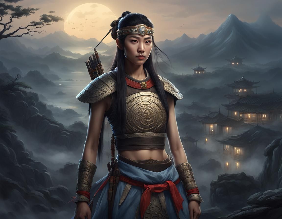 Korean Warrior Girl Portrait in Asian Landscape