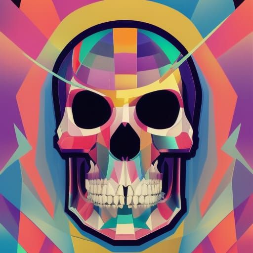 Rainbow Pirate Skull in Cubist Art Deco Style