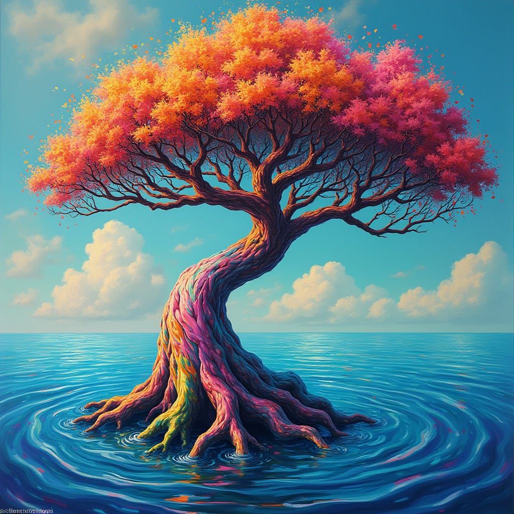 Biomorphic Tree Rises from Rippling Water in Vibrant Colors