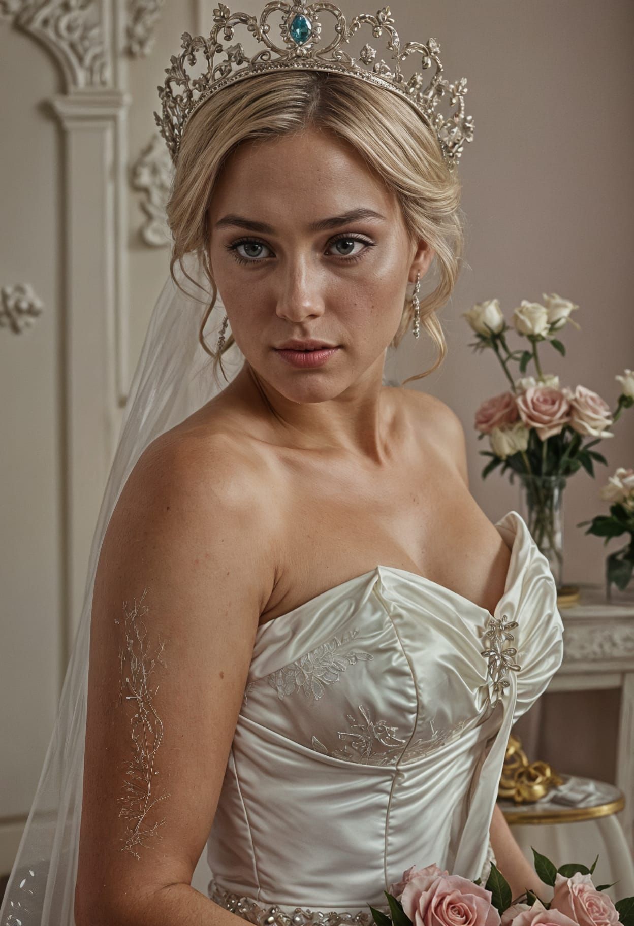 Stunning Bride in White Satin Dress: Cinematic Portrait