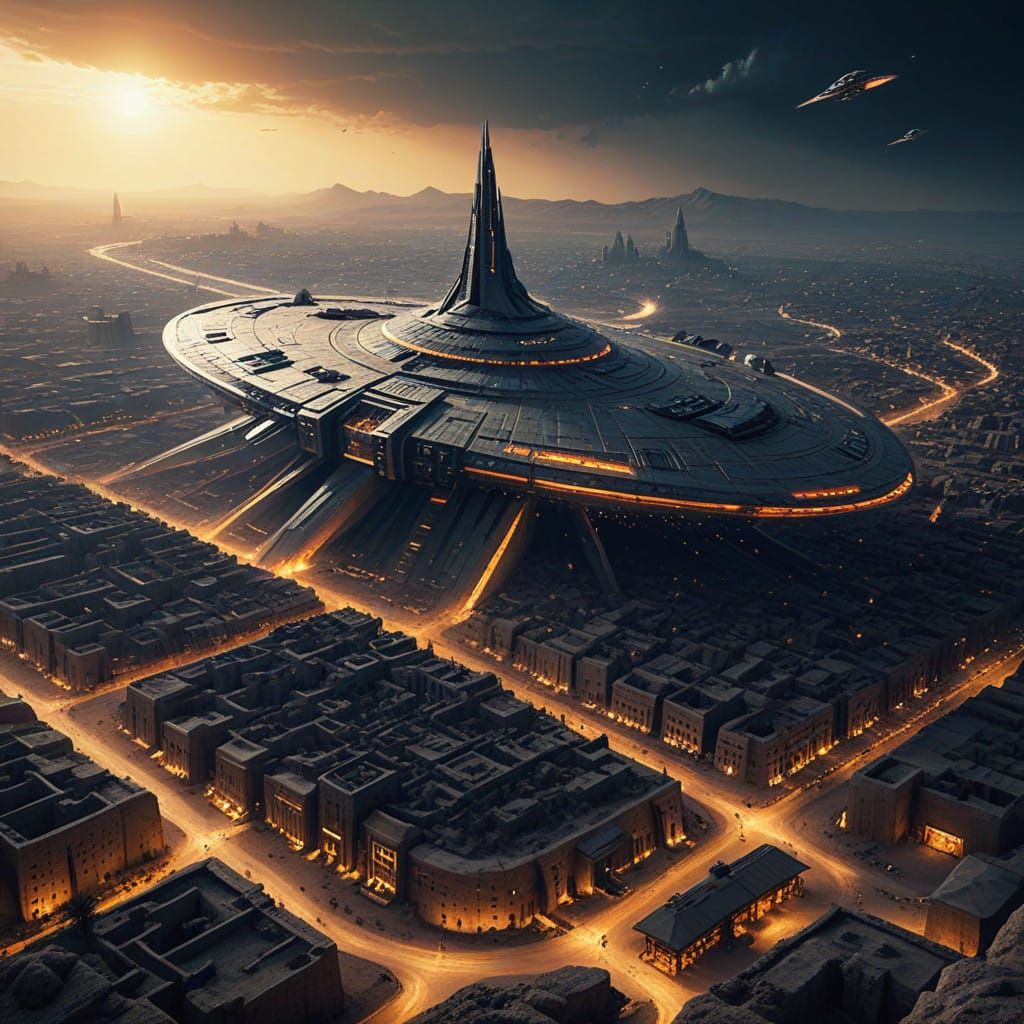 Ancient Uruk Cityscape with Futuristic Spaceship