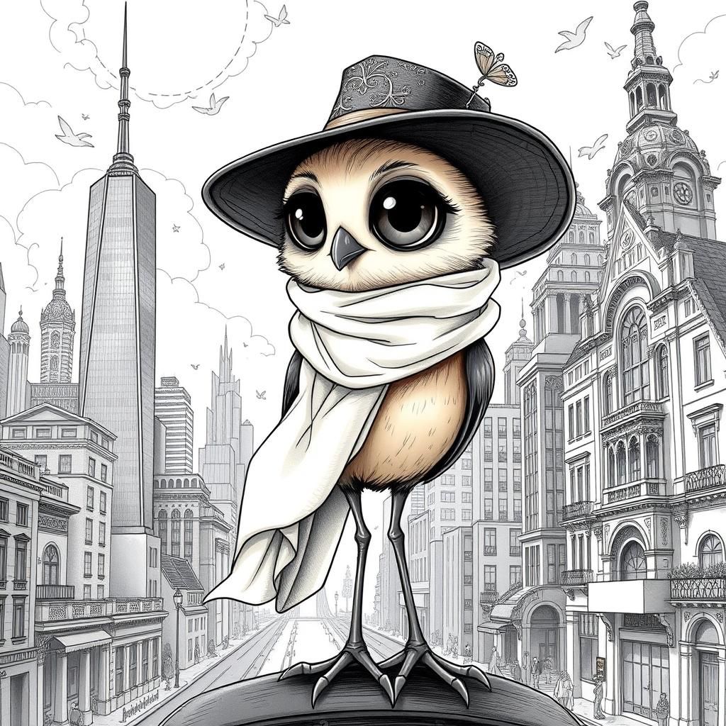 Whimsical Bird in Dreamlike Cityscape, in Neon Noir Style