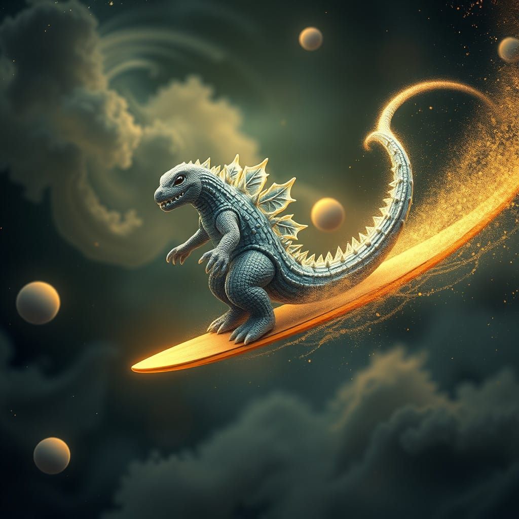 Kawaii Godzilla Surfer Glides on Golden Comet Tail in Celest...