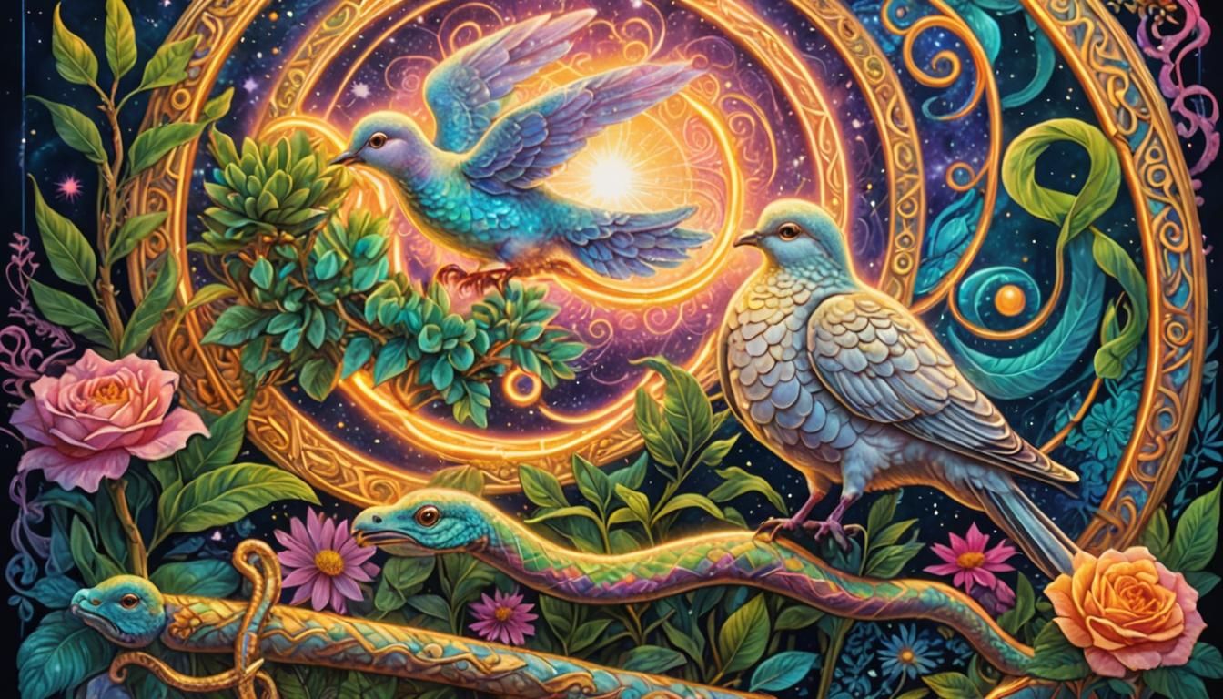 Dove, Snake, and Sword in Psychedelic Astral Art