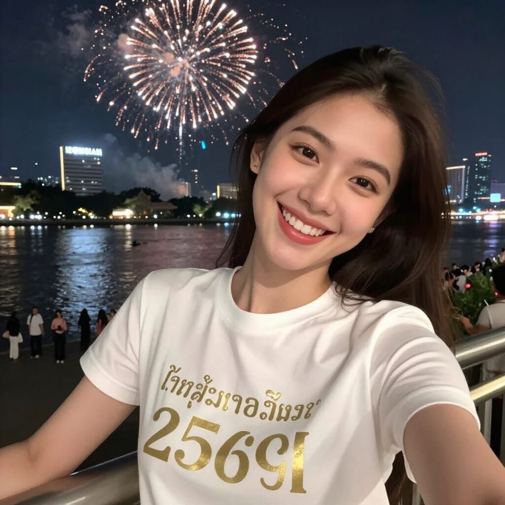Thai Vlogger Selfie with Fireworks in Realistic Style