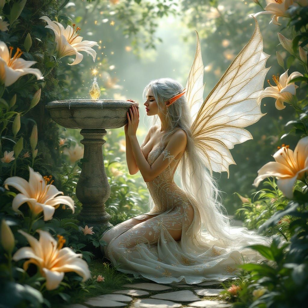 Elf Princess in Whimsical Garden with Iridescent Lilies