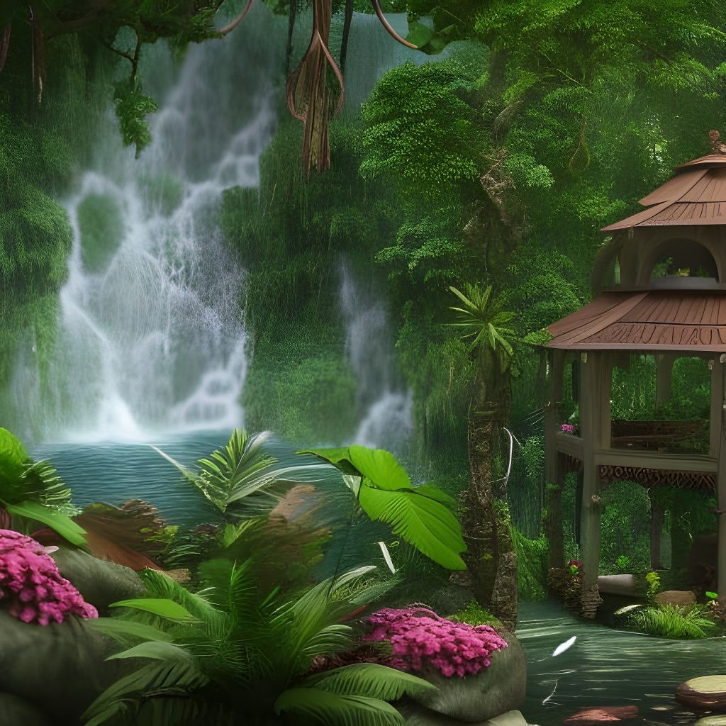 Lush Jungle Gazebo with Waterfall in Detailed Matte Painting