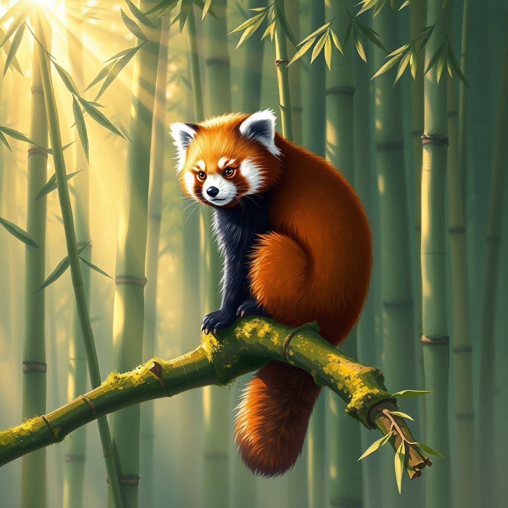 Red Panda on Branch in Dappled Sunlight, Impressionistic Sty...
