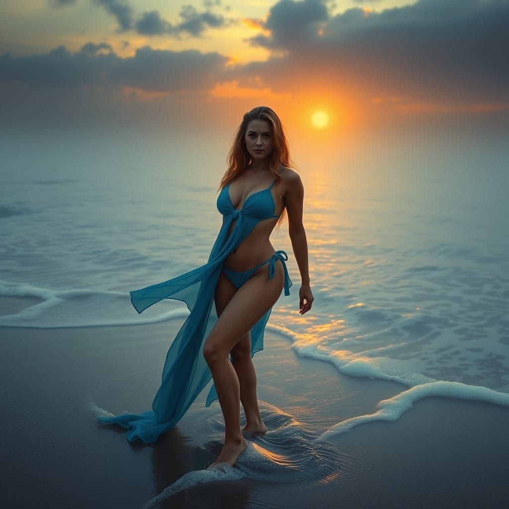 Sea Woman on Misty Beach, Fantasy Art