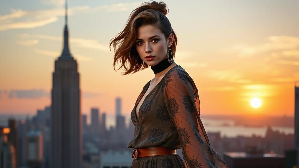 Confident Woman in High Fashion Amidst NYC Sunset