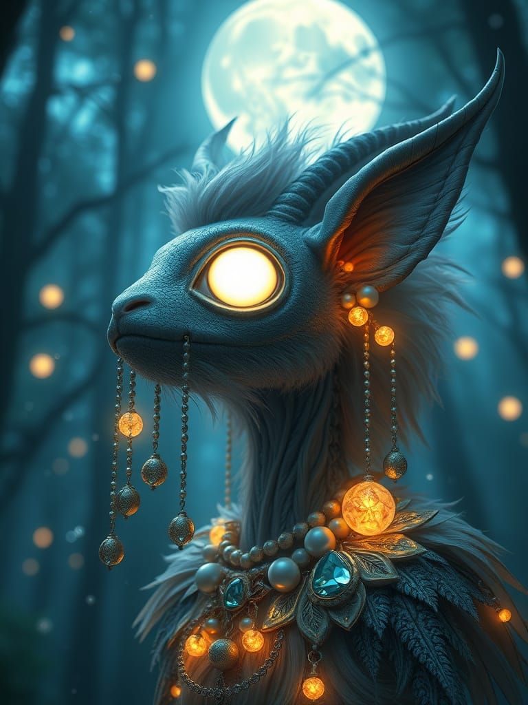Ethereal Creature with Luminous Eyes in Magical Forest