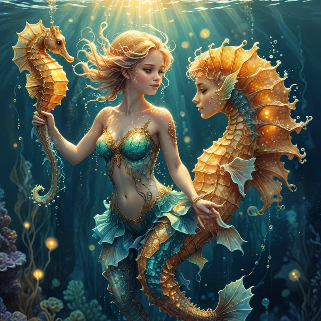 Underwater Fairy Rides Seahorse in Stipple Comic Art