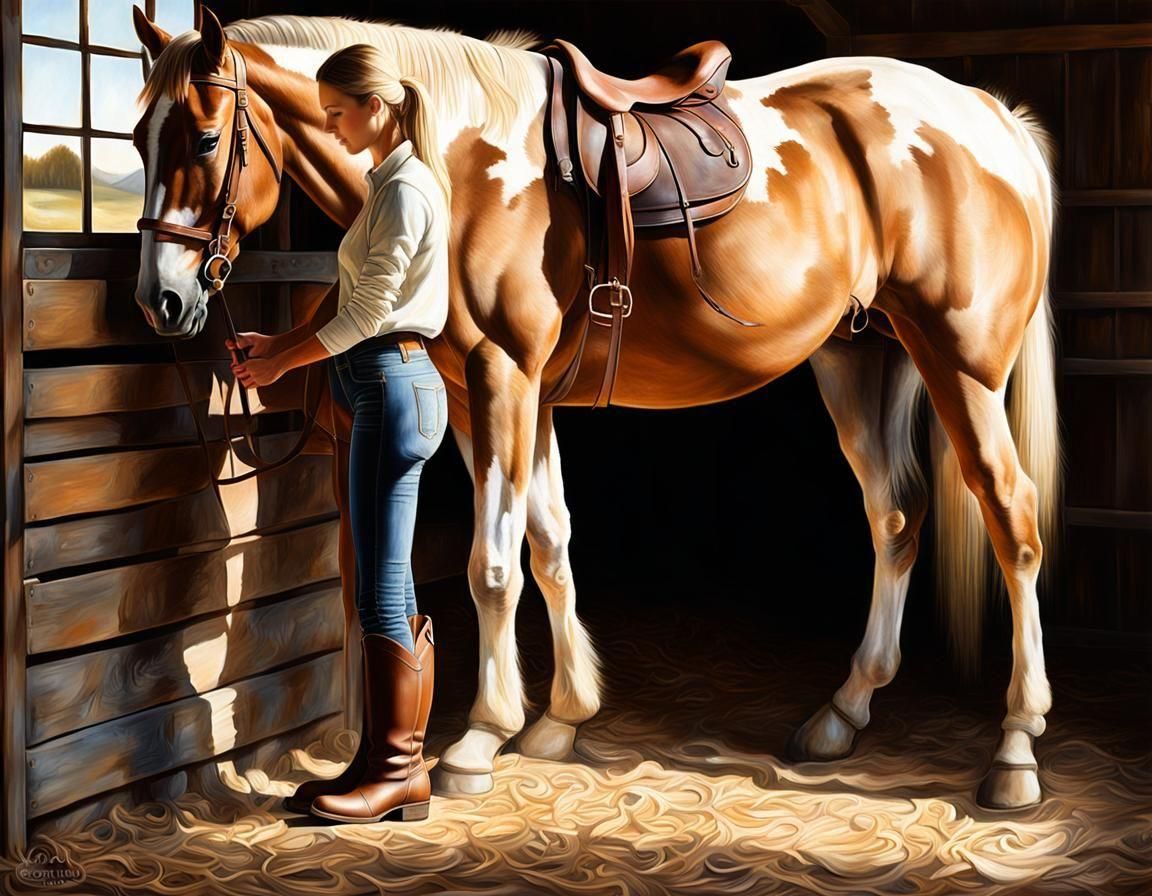 Woman Petting Horse: Hyperrealistic Oil Painting