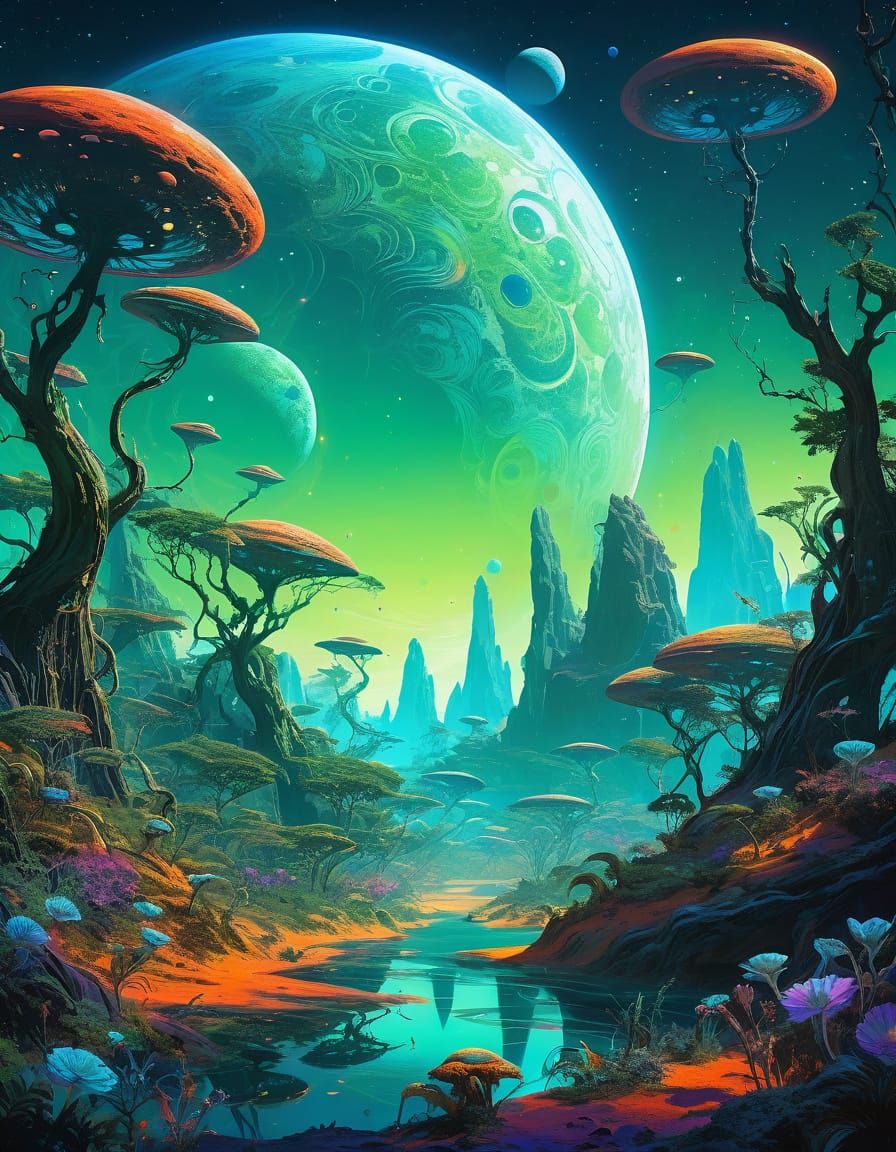 Luminous Alien Planet with Glowing Flora