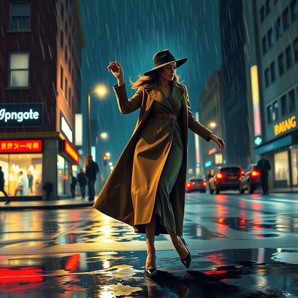 Woman Dancing in Rainy City Street at Night