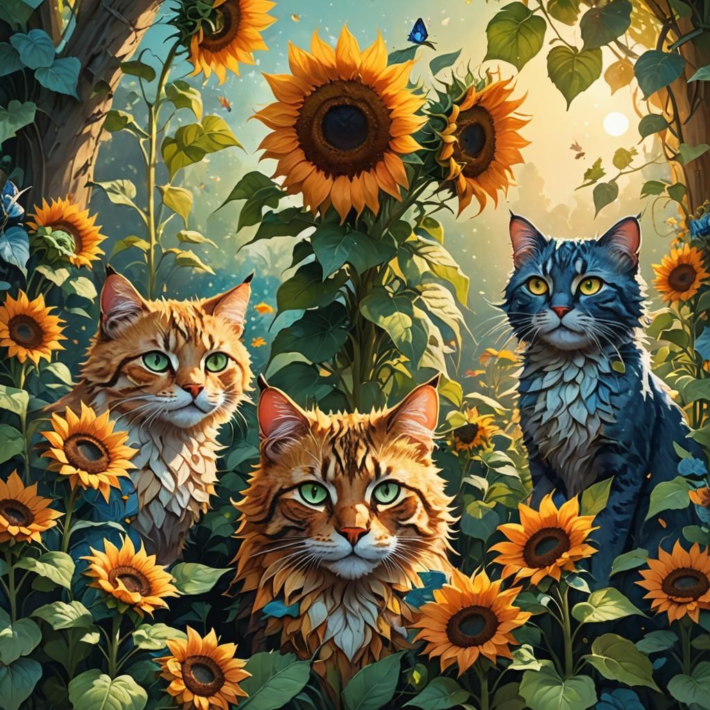 Sunflowers with Cat Faces in Fantasy Garden