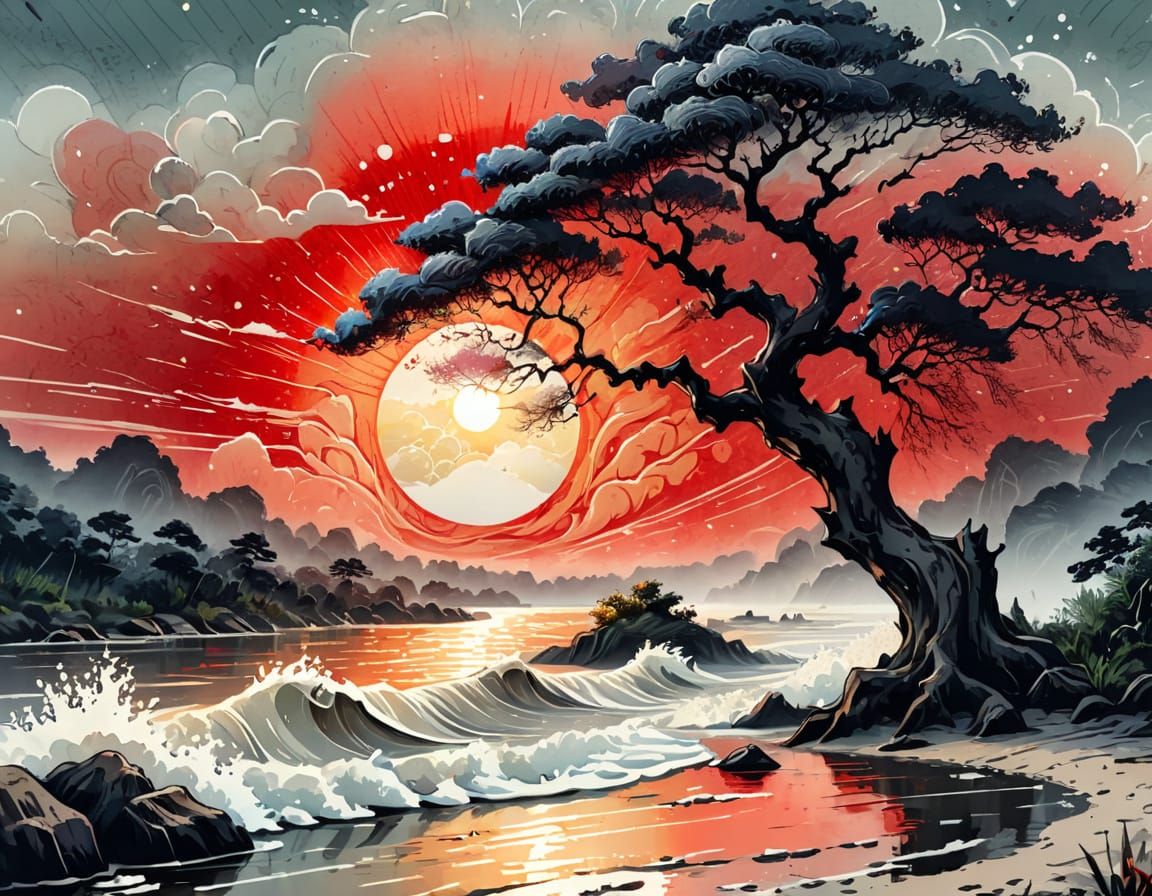 Old Tree on River Beach in Ink Painting Style