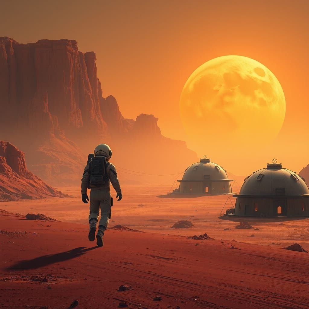 Astronaut Sunrise on Mars in Futuristic Style