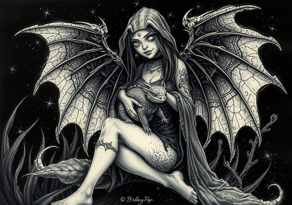 Beautiful Grim Reaper with Dragon in Ink Splatter Art