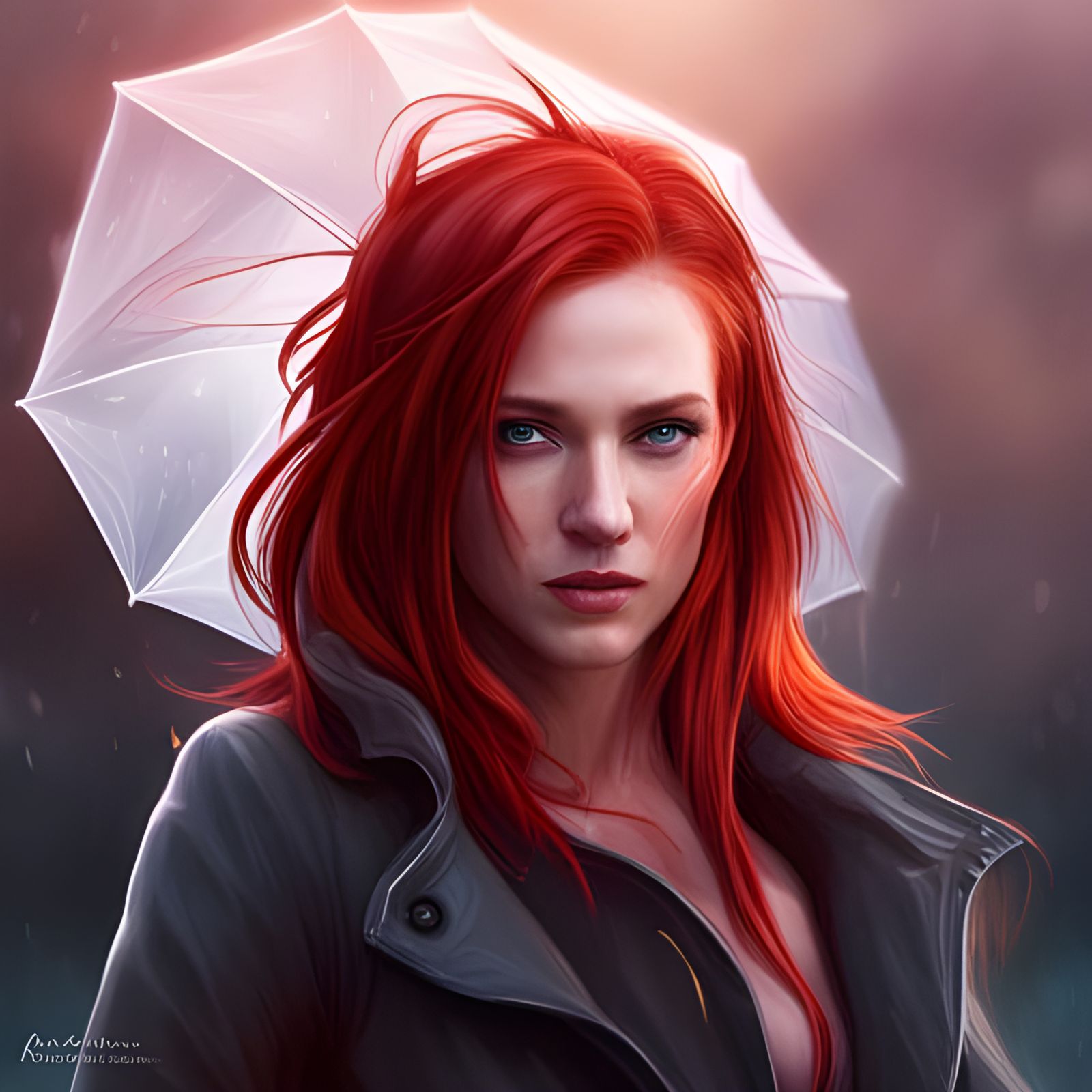 Redhead Woman in Rain: Hyperdetailed Portrait