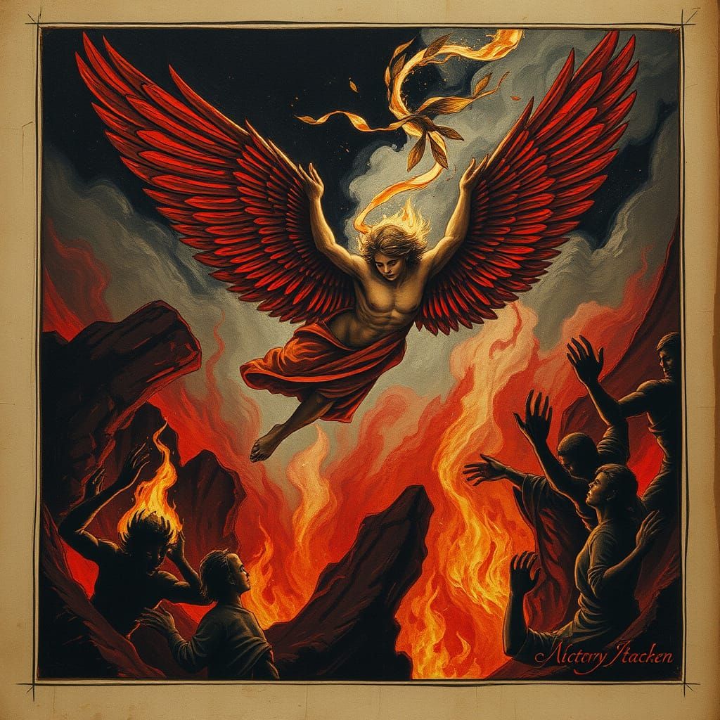 Epic Scene of Fallen Angel in Medieval Illuminated Style