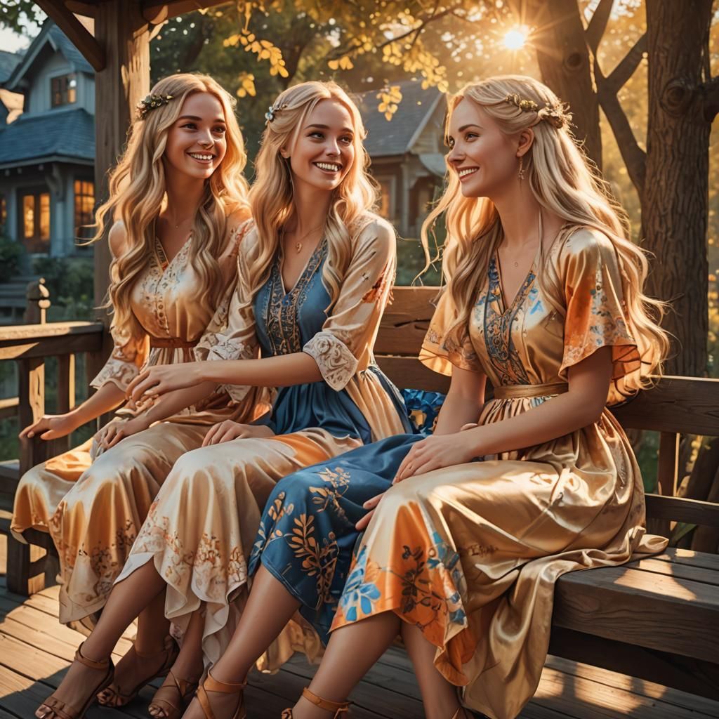 Smiling Girls on Porch in Golden Sunlight