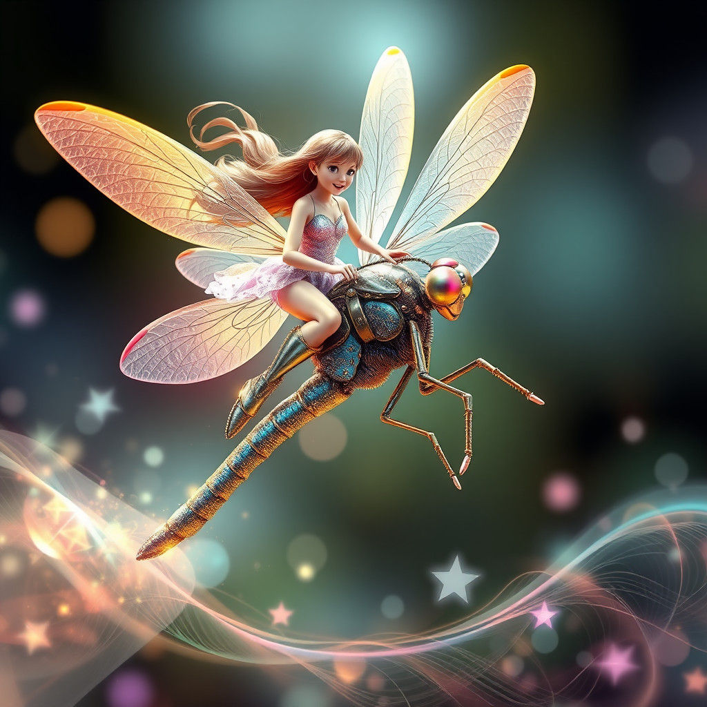 Fairy Jockey Riding Iridescent Dragonfly in Abstract Fractal...