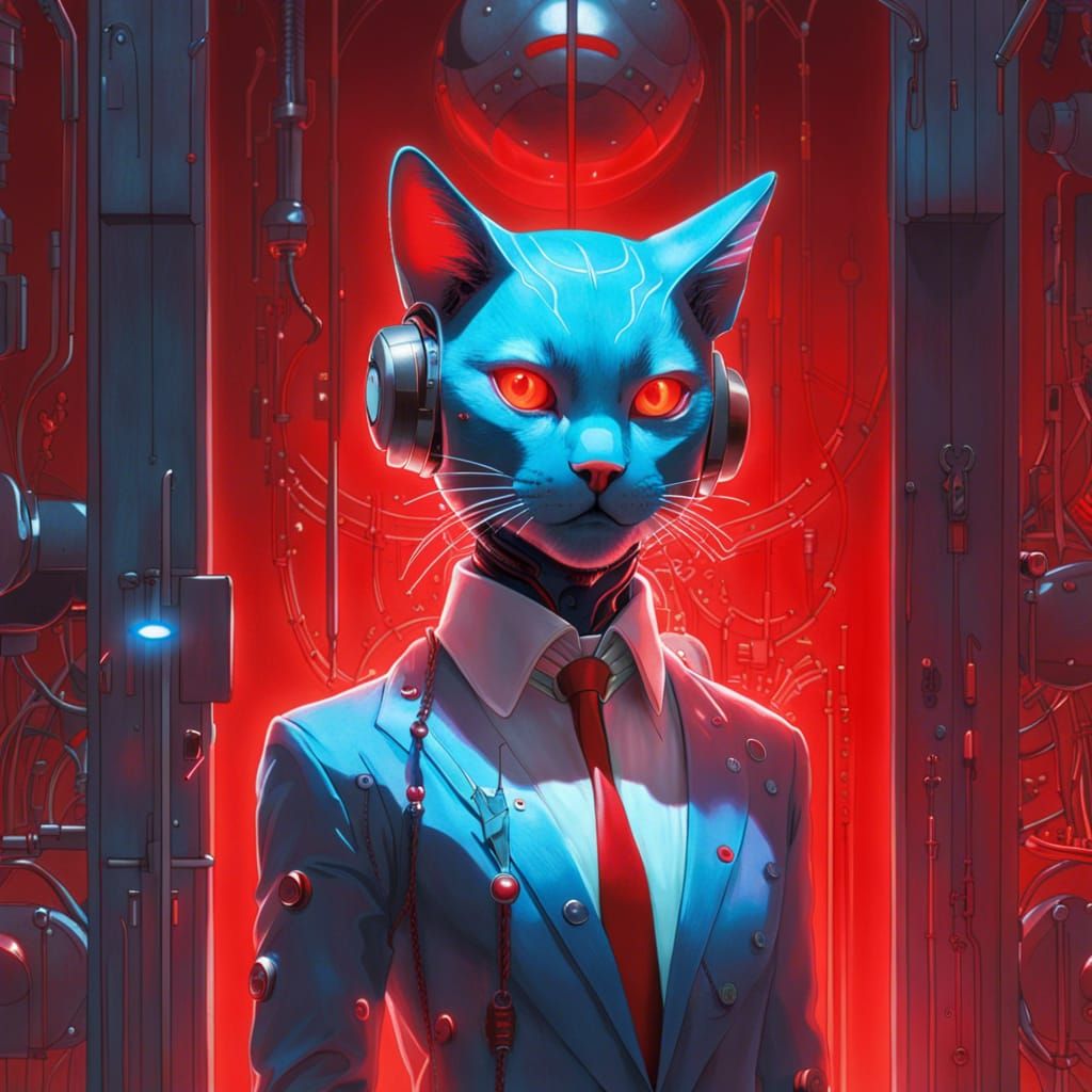 Anthropomorphic Cyborg Cat Portrait with Red-Blue Glow