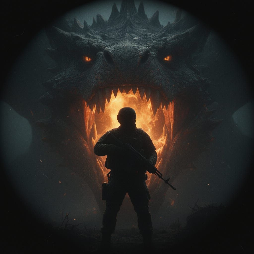 Spetsnaz Soldier Faces Dragon Jaws in Shadowy Film Still