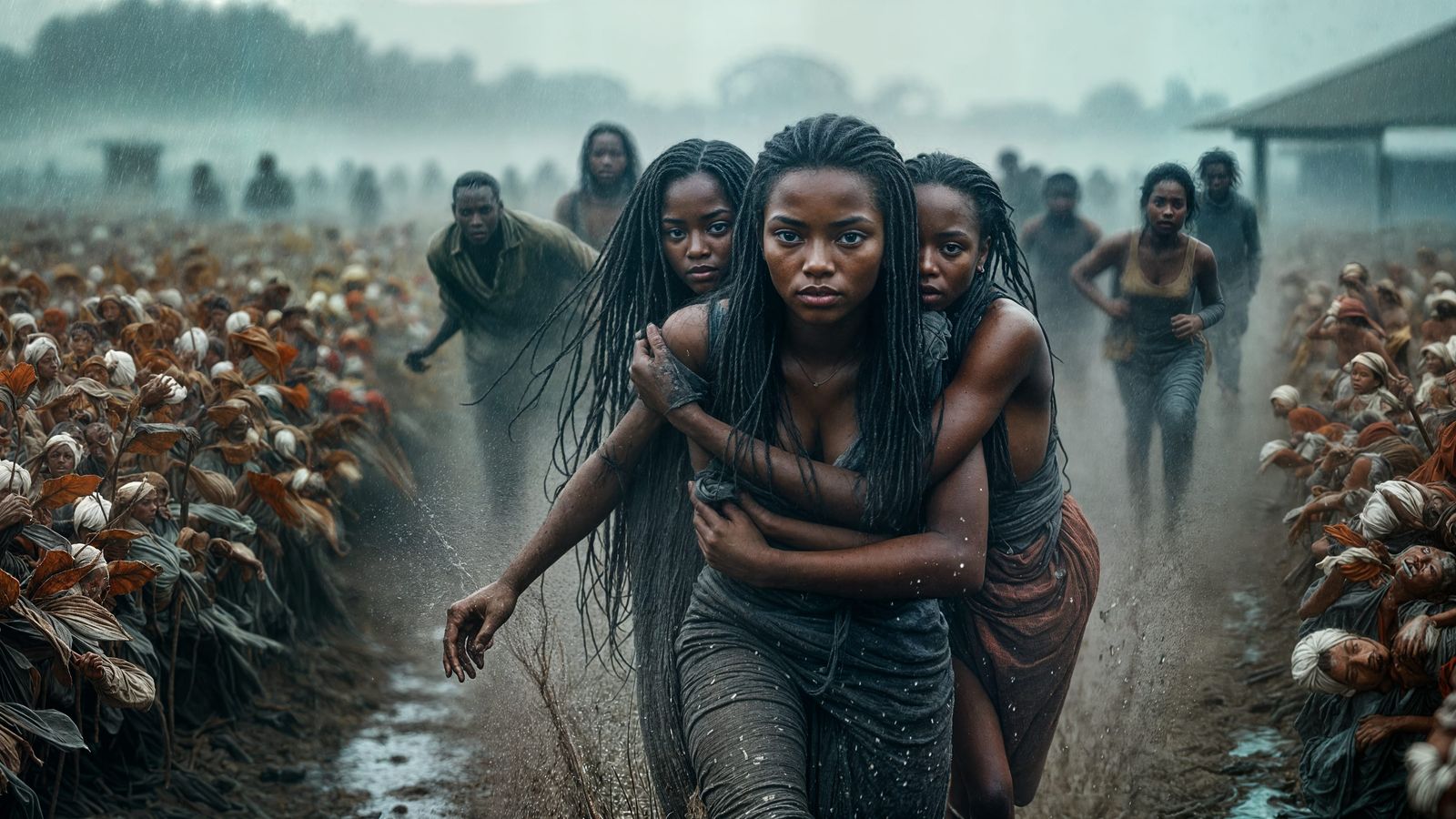 Enslaved People Fleeing Cotton Fields on Stormy Day