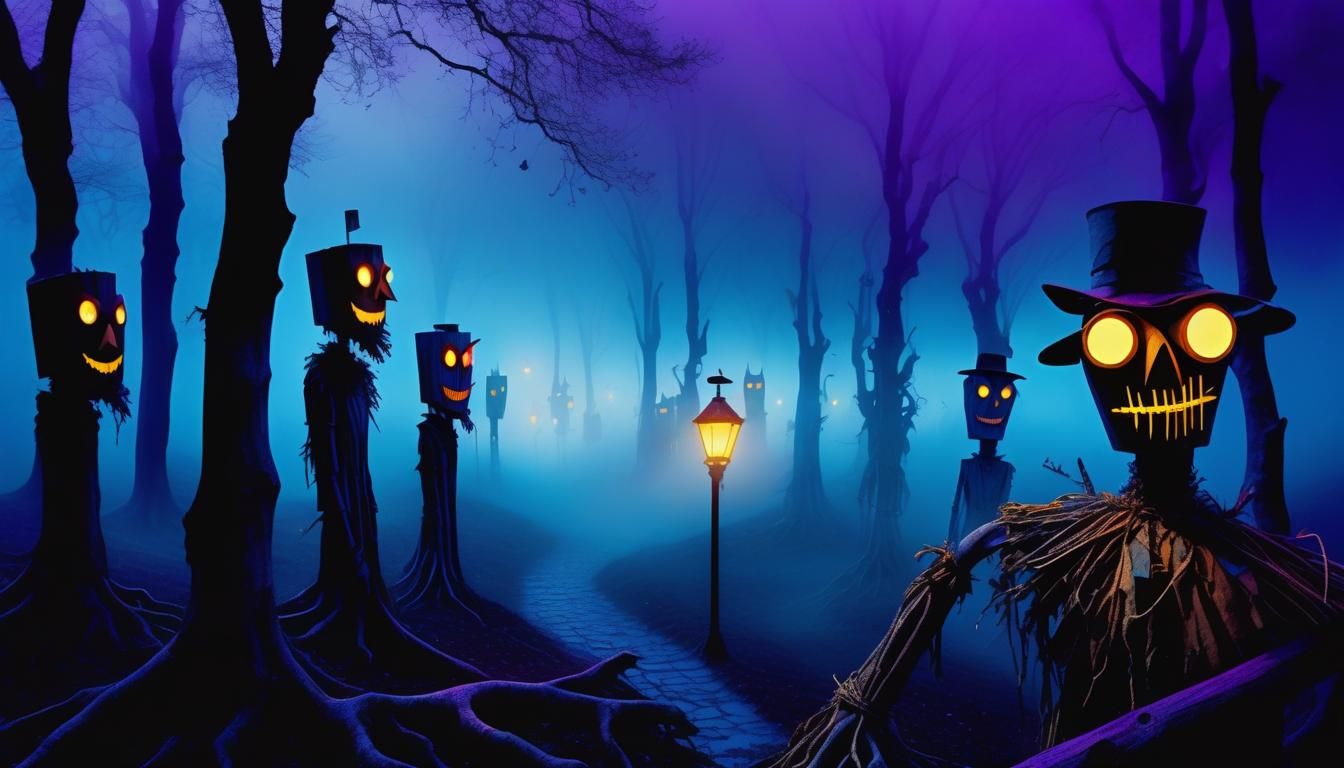 Surreal Scarecrow and Android Owl in Foggy Abyss