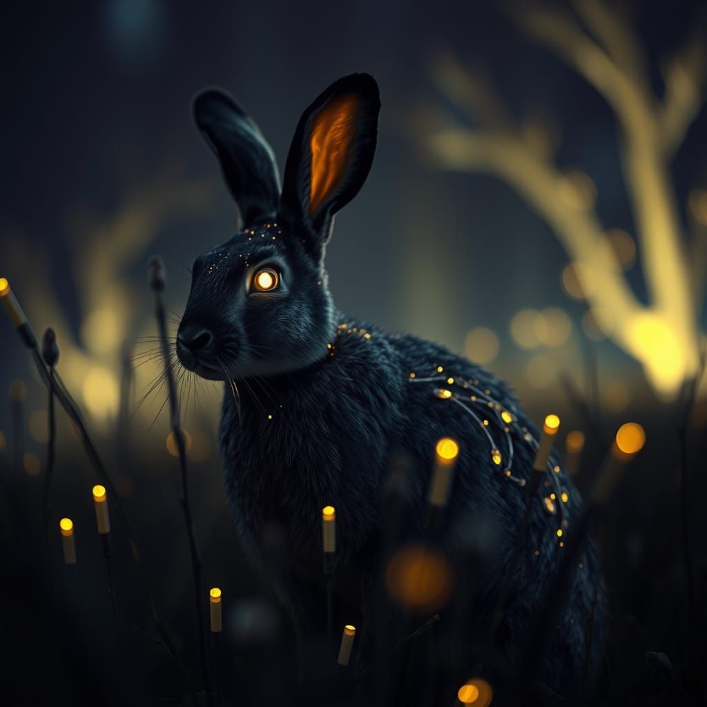 Hare in Dusk with Magical Glowing Fauna