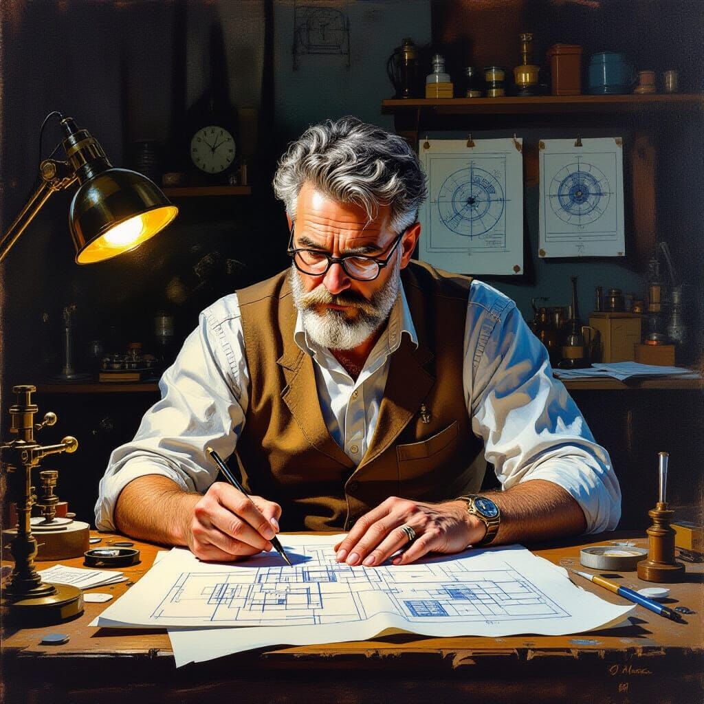 Inventor Paints Detailed Gouache Artwork at Workbench