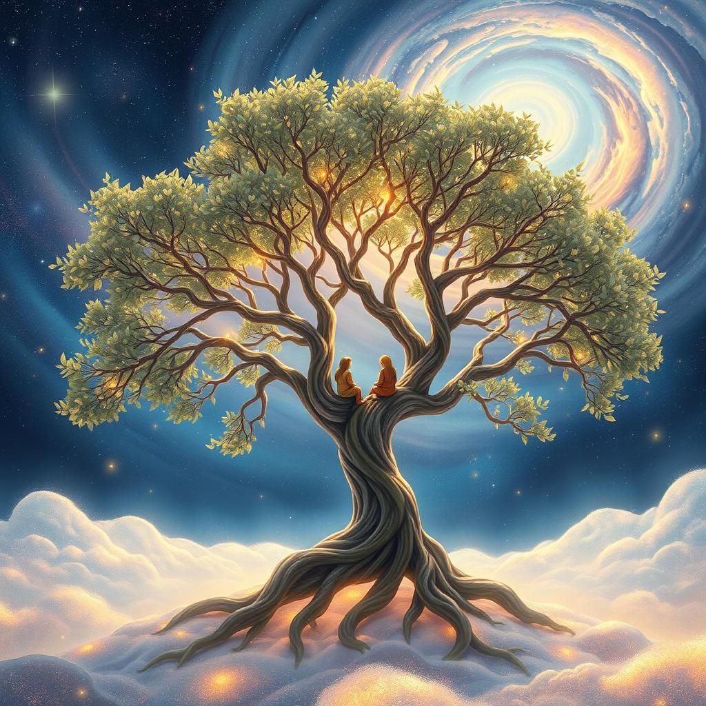 Cosmic Willow Tree with Hobbits in Astral Plane