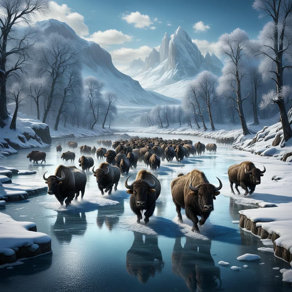 Buffalo Herd Crossing Icy River: Detailed Matte Painting